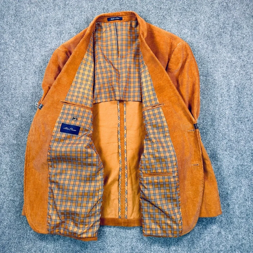 Alan Flusser 48R Burnt Orange Corduroy Blazer Jacket Sport Coat Plaid Lining